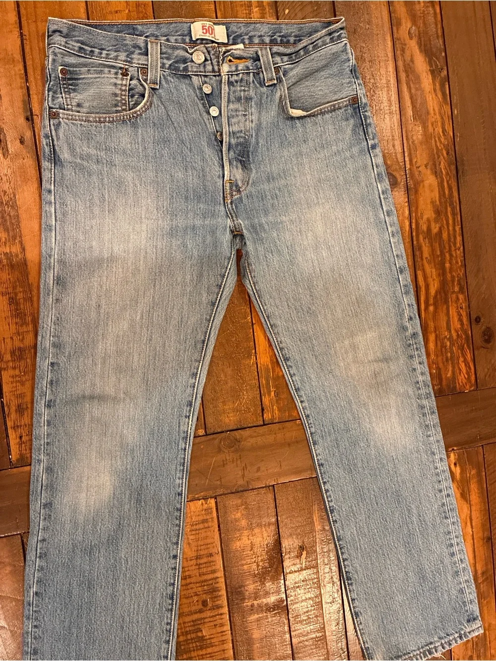 Levi's 501 Men’s Straight Jeans in Light Blue Denim with Contrast Stitching
